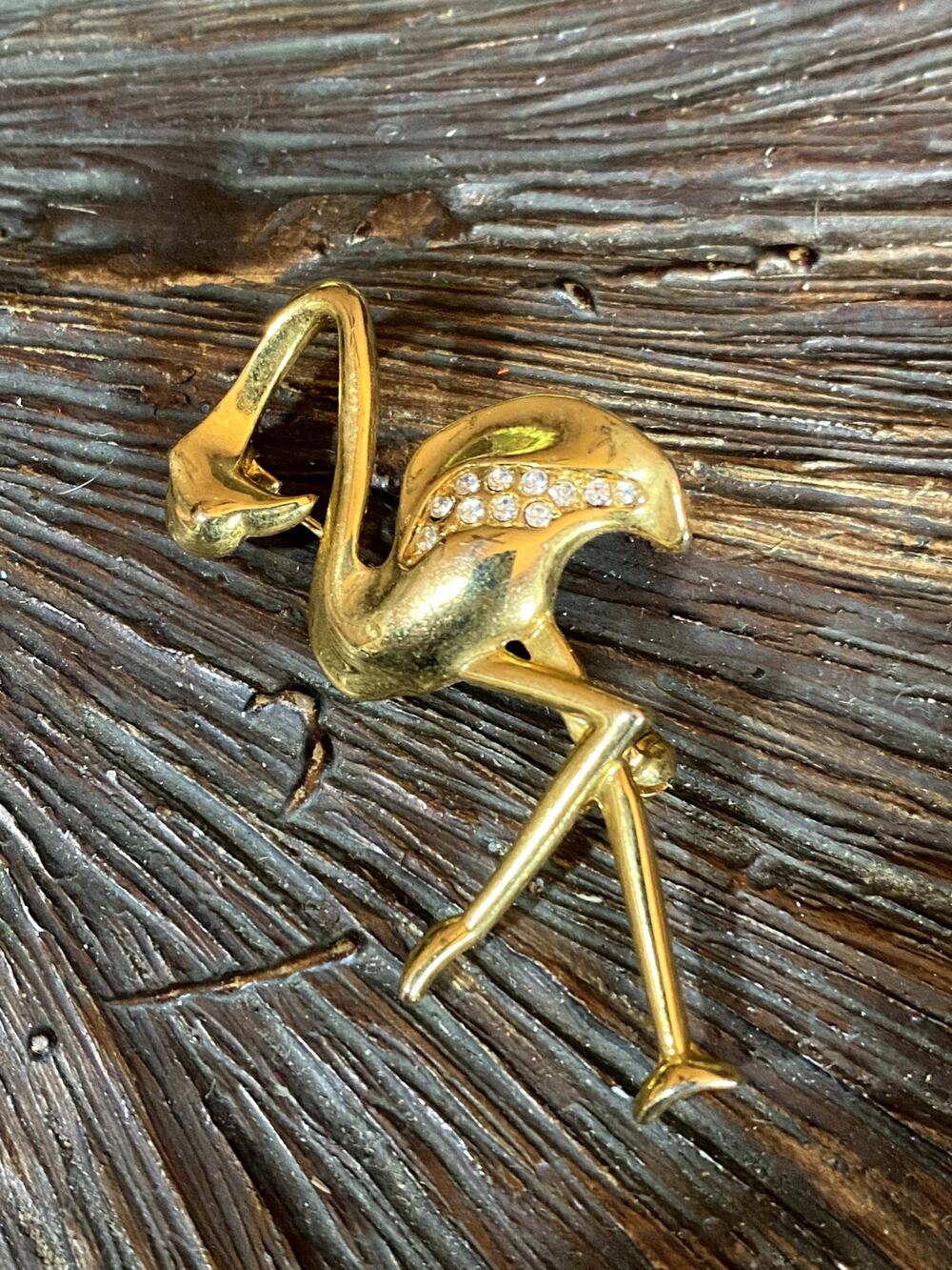 Vintage bird, flamingo brooch gold tone